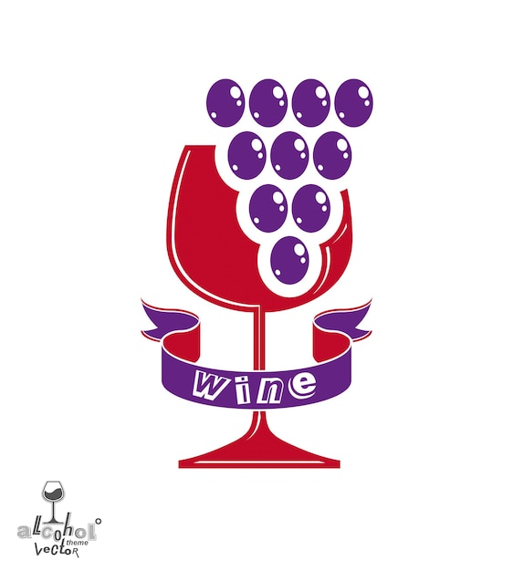 Winery idea eps8 vector illustration. Elegant glass of wine with grapes cluster and decorative ribbon, racemation symbol best for use in advertising and graphic design. Alcohol theme element.