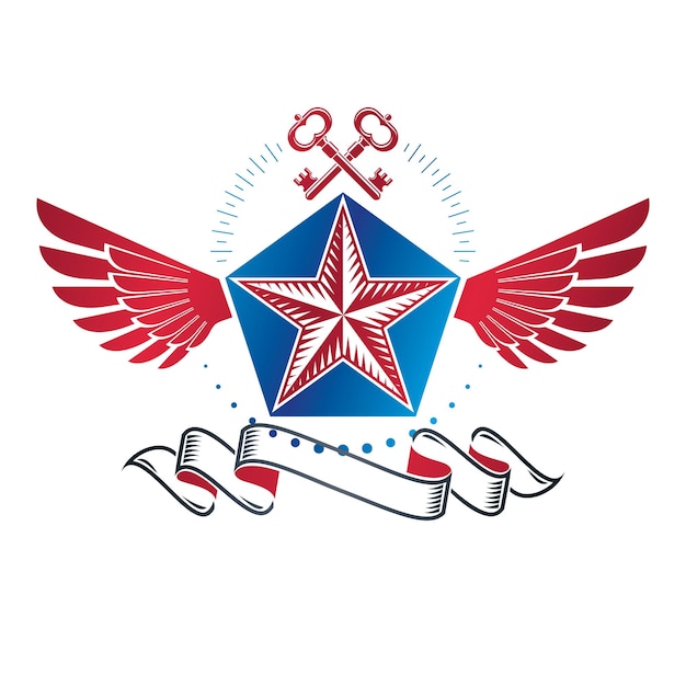 Winged ancient pentagonal Star emblem decorated with keys, security theme. Heraldic vector design element, guaranty symbol.  Retro style label, heraldry logo.