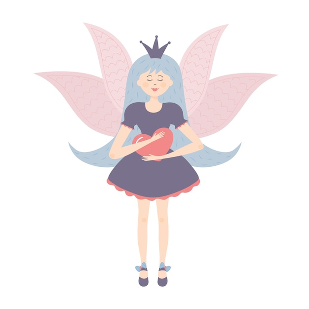 Winged fairy princess holding a heart Cute fairy tale character