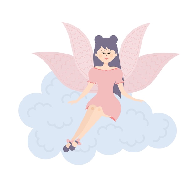 Winged fairy princess sitting on a cloud Cute fairy tale character