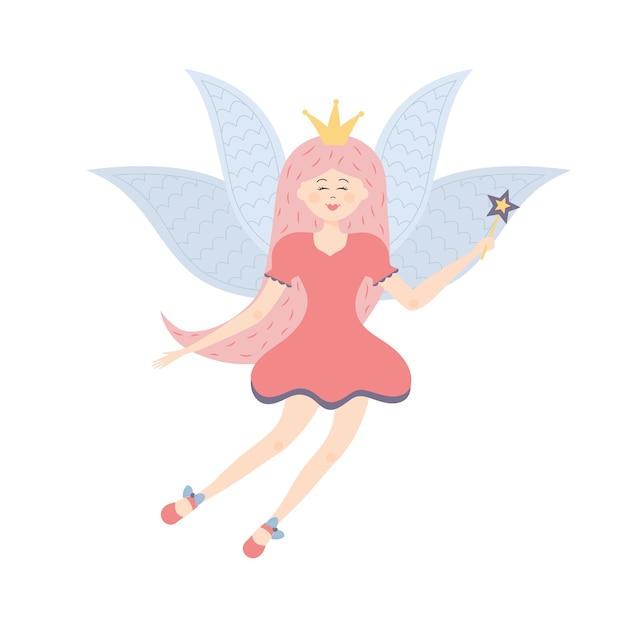 Winged fairy princess with a magic wand Cute fairy tale character