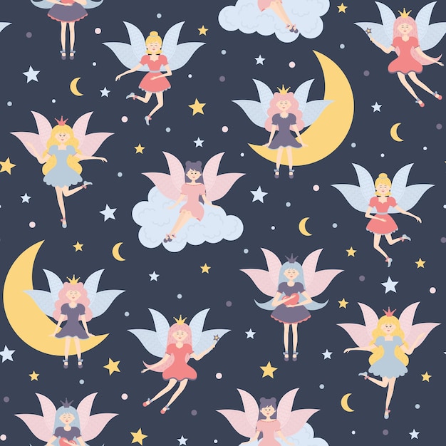 Winged fairy princesses seamless pattern Cute fairy tale characters with stars and moon in the sky