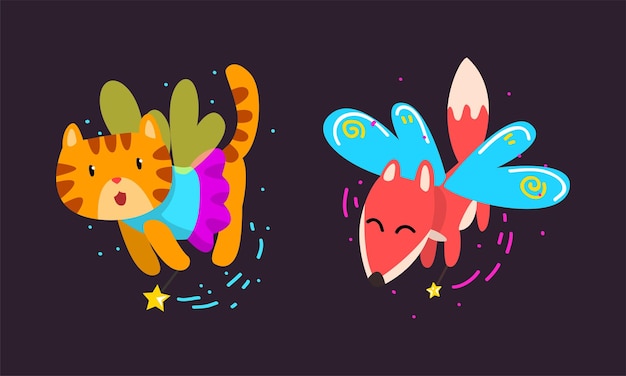 Vector winged fox and tiger flying with magic wand as fairy or pixie vector set