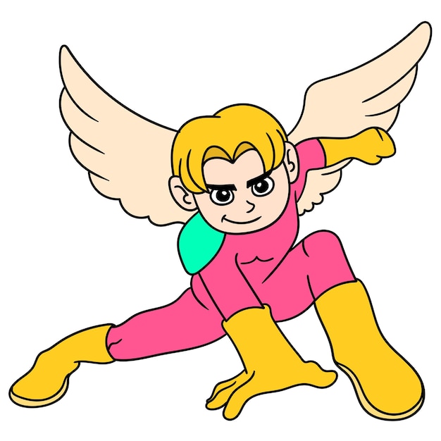 The winged handsome male superhero with super powers, doodle draw kawaii. illustration art