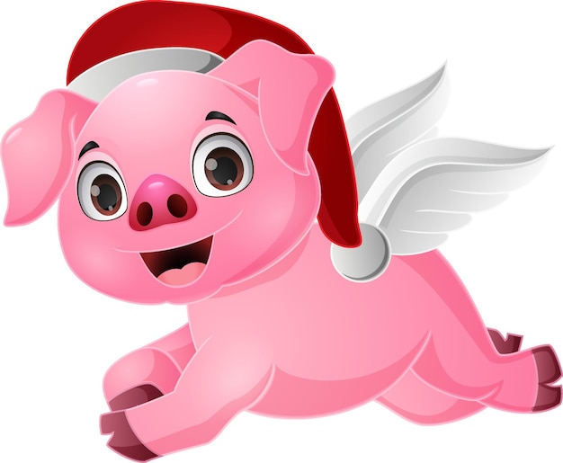 Winged pig wearing cute cartoon santa hat flying