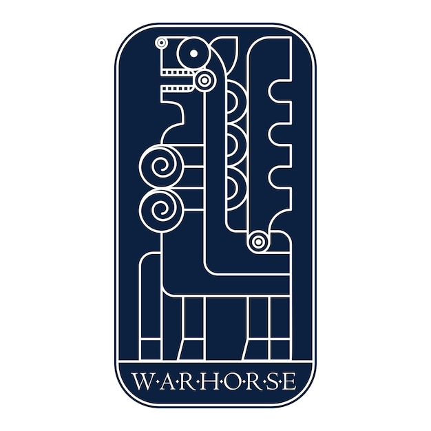 Winged warhorse with a metal breastplate Dark blue manuscript card