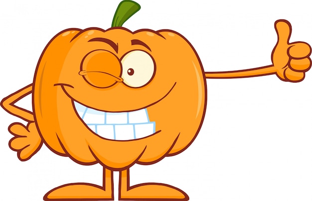 Winking Halloween Pumpkin Mascot Character Giving A Thumb Up