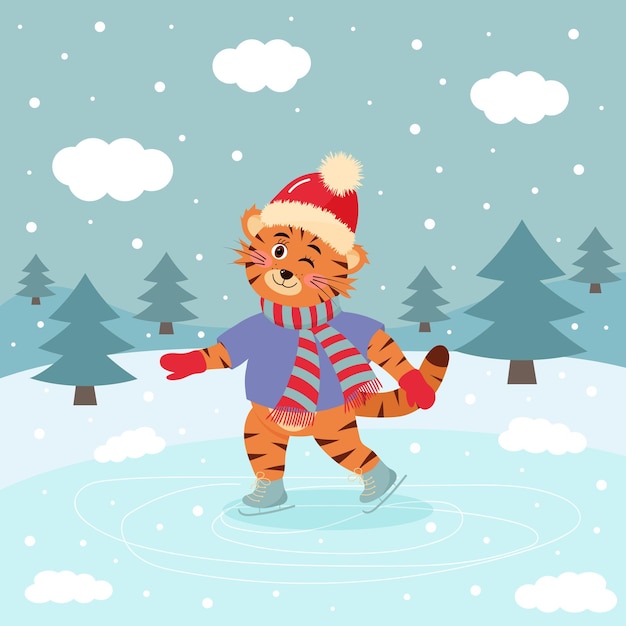 Winking tiger is skating in hat and scarf. Winter landscape. Winter greeting card.