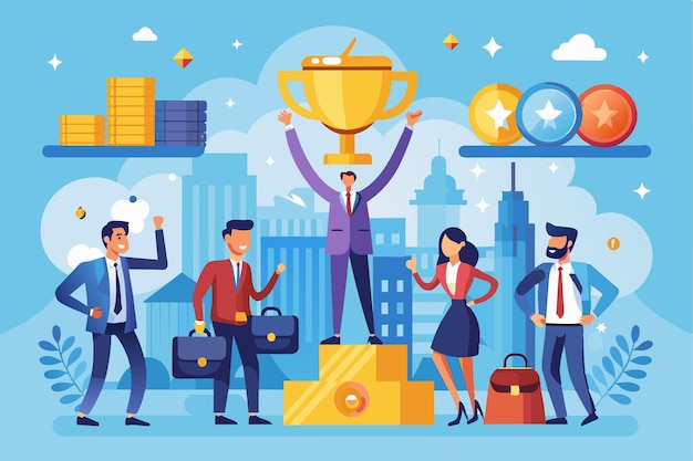 Winners of a business competition celebrate their achievements atop a podium showcasing trophies and the thrill of victory in a lively city setting