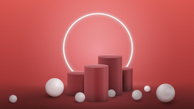 Vector winners pink cylindrical pedestals with large white realistic sphere around in pink room