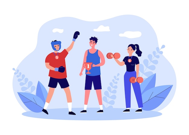 Vector winners of sports competitions holding trophy, standing together. group of champions with medals and golden cup flat vector illustration. winning concept for banner, website design or landing web page