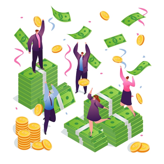 Winning money people businesspeople win and catching dollars and gold coins under money rain vector illustration Fortune winners