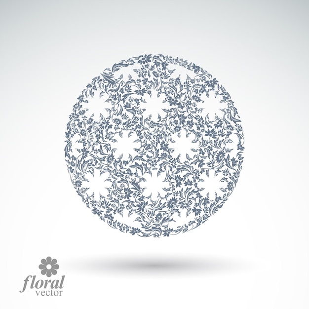 Winter abstract round object with beautiful snowflakes, weather forecast conceptual vector pictogram. Flower-patterned graphic season icon, design image.