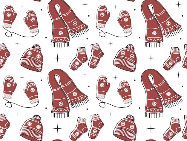 Winter accessories in doodle style seamless pattern Hand drawn warm knitted clothes set