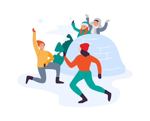 Winter activities. Family playing snowball fight. Children having fun in snow in winter. Cartoon flat people spending time together, cheerful leisure active lifestyle vector illustration