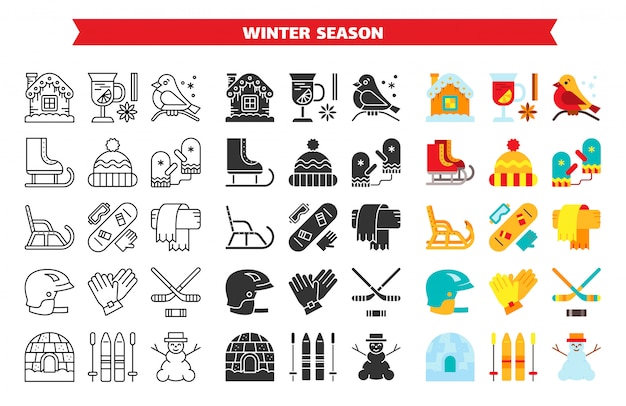 Winter activity outdoor sport line glyph flat icon set, holiday fun winter season