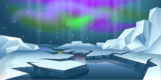 Vector winter arctic ice landscape snow mountains hills polar night with northern lights