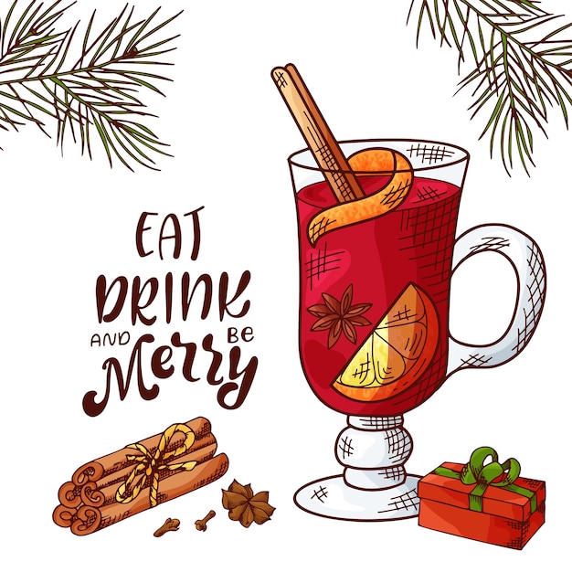 Vector winter or autumn drink for your design with lettering hand drawn sketch for christmas template vecto