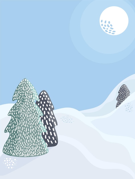 Vector winter background forest landscape sunny snowy day scandinavian firs with handdrawn texture