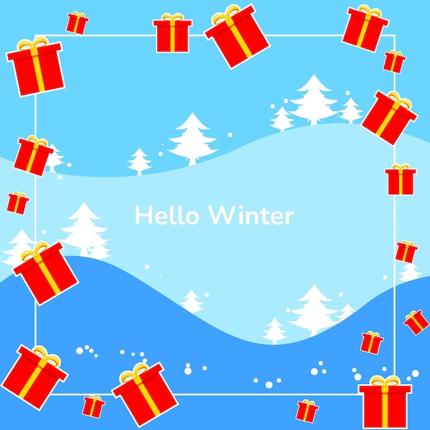 Winter Background. frame with snowflakes, trees and gifts. flat, and modern style