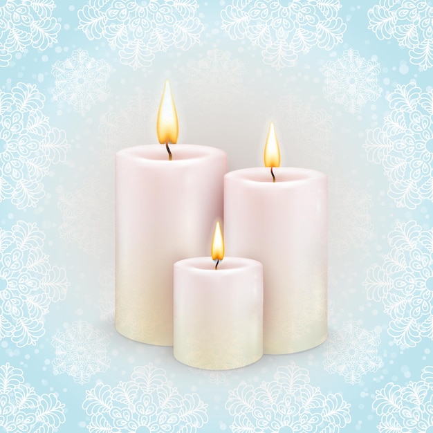 Winter background, the three burning candles, snowflake pattern