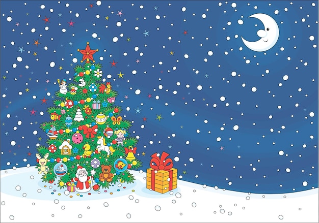 Winter background with a decorated Christmas tree and a holiday gift on a snowy moonlit night