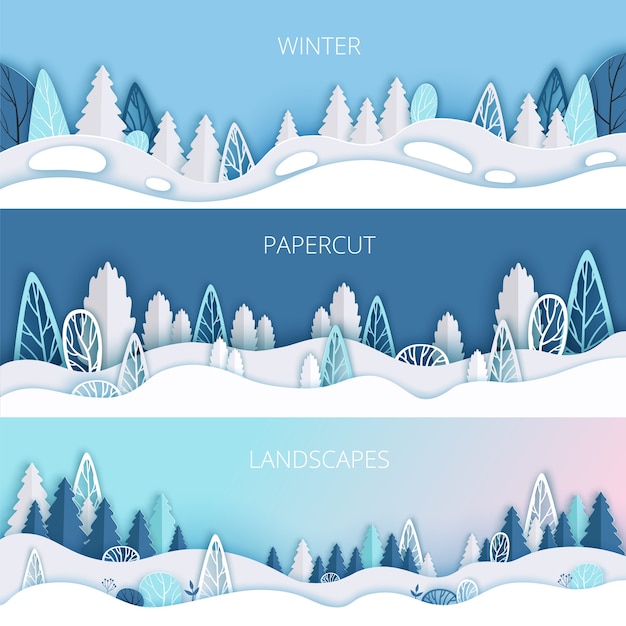 Winter background with snowdrifts, trees and bushes cut out of paper. 