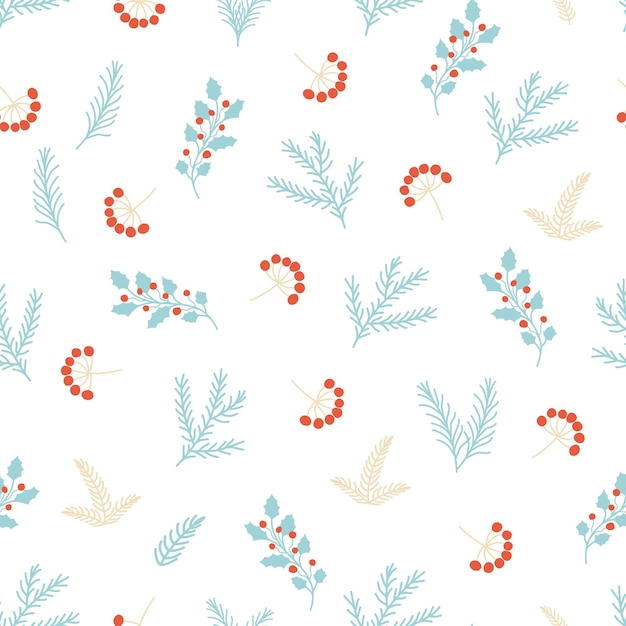 Winter berry branch seamless pattern Berry holly rowan background Christmas twigs Light blue