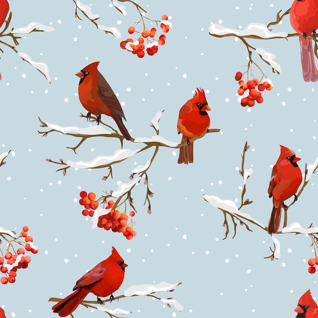 Winter Birds with Rowan Berries Retro Background