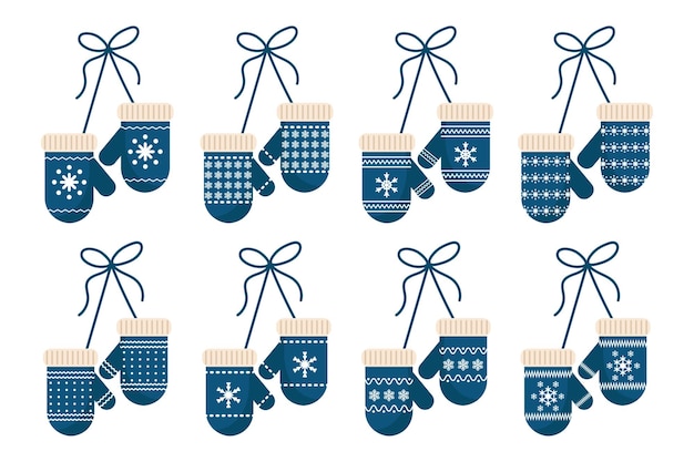 Winter blue mittens with white snowflake ornament, set. Icons, vector