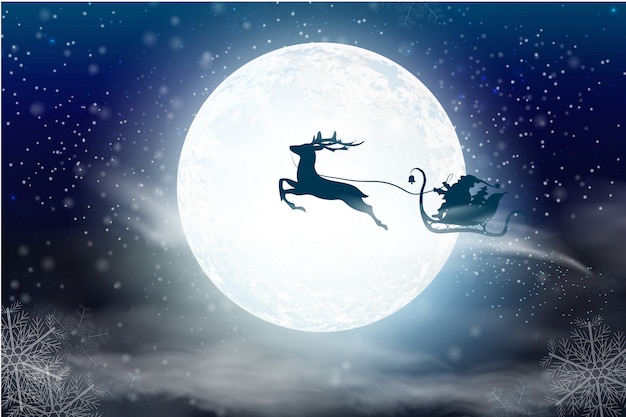 Vector winter blue sky with falling snow, snowflakes with a winter landscape with a full moon. santa claus flying on a sleigh with a deer. festive winter background for christmas and new year.