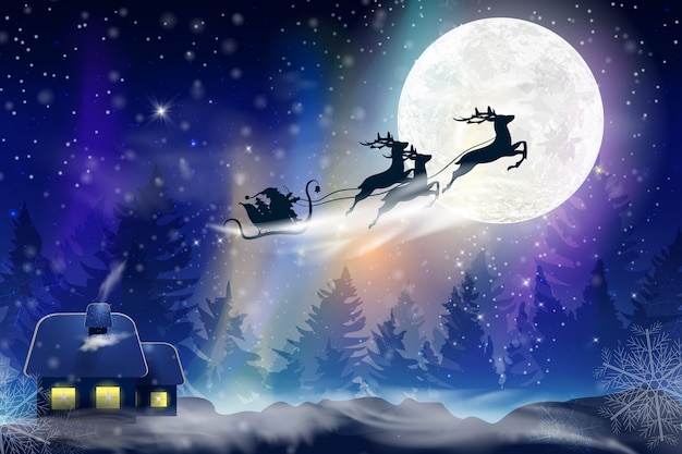 Winter blue sky with falling snow, snowflakes with a winter landscape with a full moon. Santa Claus flying on a sleigh with a deer. Festive winter background for Christmas and New Year.