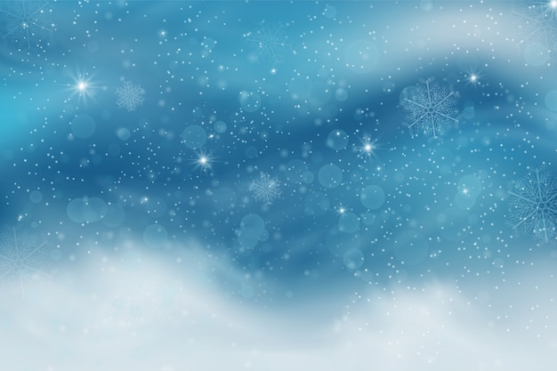 Winter blue sky with falling snow, snowflakes with winter landscape. 