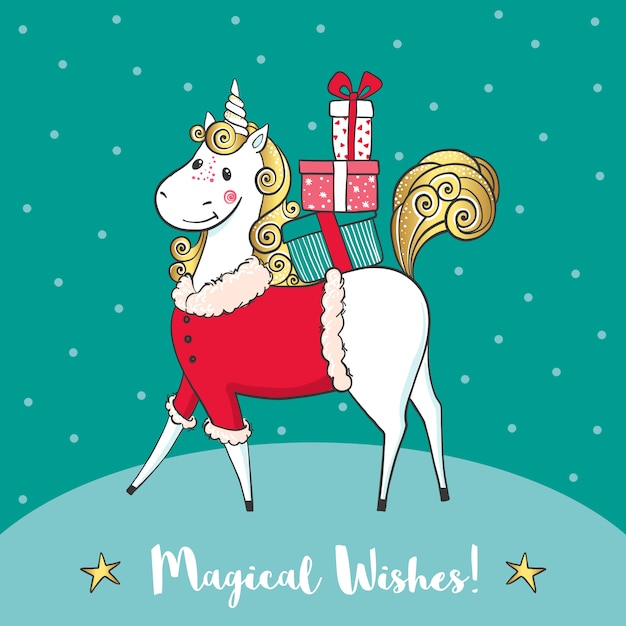 Winter card with cute unicorn-santa and gifts.