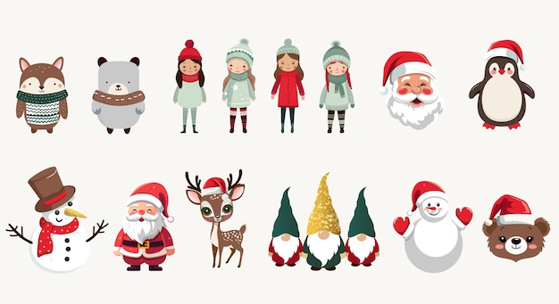 Vector winter characters set merry christmas set with santa animals in hats gnomes for banner card package