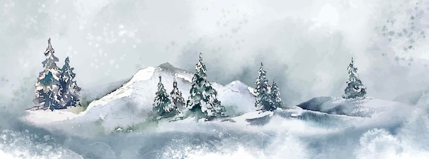 Winter christmas card snowy  forest landscape watercolor illustration