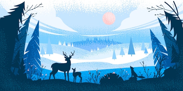 Winter Christmas forest landscape with reindeer silhouette, pine trees, hills, fox, sky, clouds