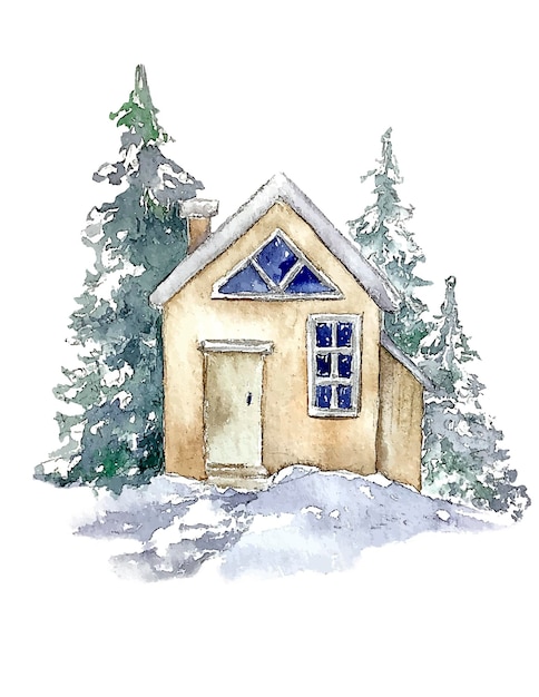 Winter christmas illustration card cottage house illustration