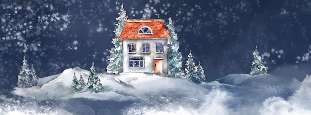 Winter christmas illustration card cottage house illustration