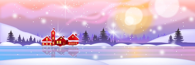 Winter Christmas landscape illustration with snow, holiday red houses trees, forest silhouette, lake