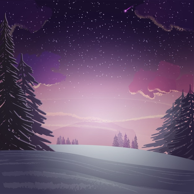 Winter Christmas landscape, pine forest with pink sunset