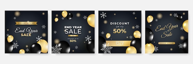 Winter christmas new year and end year sale square template for social media. Universal christmas winter card with snow, balloon, gift, tree, mountain, star, and snowflake, glitter, and snowman.