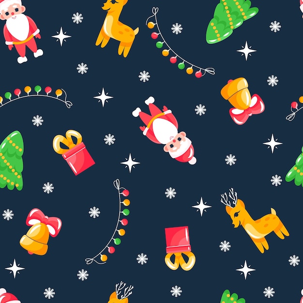 Winter Christmas pattern seamless with Santa Claus, deer, bell, garland. Template for printing onto fabric, wrapping paper design. Children background for fabric, textile, wallpaper, clothing. Vector