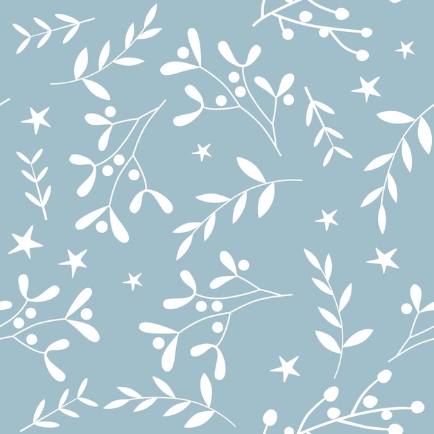 Winter Christmas pattern with white stars leaves and berries