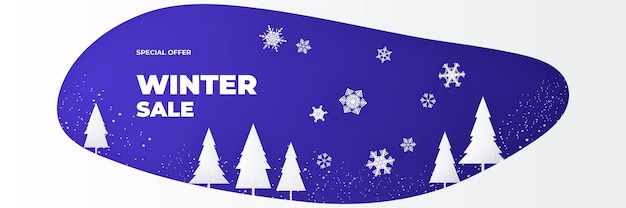 Winter Christmas sale banner of paper 3d ornament icons. Background design of sparkling lights garland, with realistic snow, blue snowflake and glitter confetti.