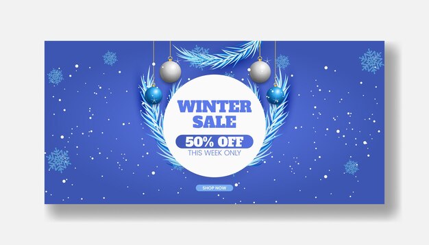 Vector winter and christmas sale promotion horizontal banner with colorful christmas ball and snowflakes