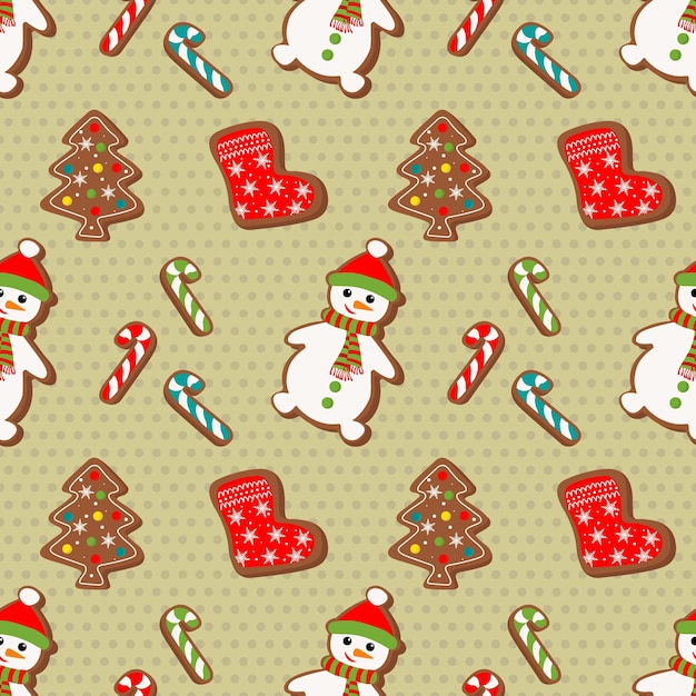 Winter Christmas seamless pattern with gingerbread man and cookies on a light background.  Symbols