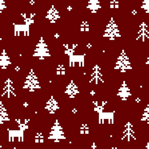 Winter Christmas vector seamless pattern in red. New Years pixel background with reindeer, tree, snow and gift. For greeting cards, gift wrapping paper, wallpapers.