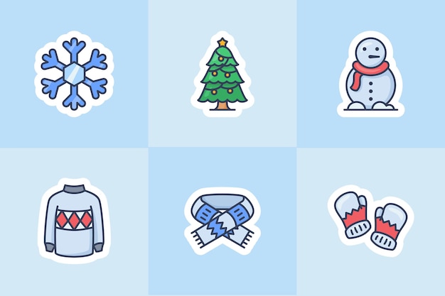 Winter christmas with tree snowman jacket sweather and gloves icon for sticker or stickers set collection