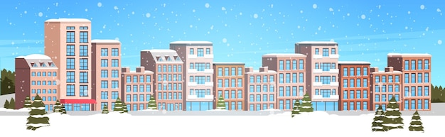 Vector winter city buildings snowy town street cityscape snowfall